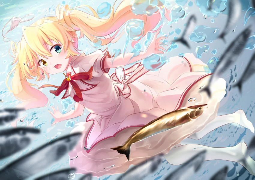 1girl air_bubble blonde_hair blue_eyes blurry breasts bubble commentary_request depth_of_field dress dutch_angle eyelashes eyepatch eyepatch_removed feet fish floating floating_clothes floating_hair floating_object frilled_dress frills full_body hair_between_eyes heterochromia kazamatsuri_institute_high_school_uniform long_hair looking_at_animal nakatsu_shizuru no_shoes ocean open_mouth outstretched_arms pantyhose pink_dress pink_ribbon puffy_short_sleeves puffy_sleeves red_ribbon rewrite ribbon school_uniform short_sleeves small_breasts solo submerged surprised tagame_(tagamecat) twintails underwater very_long_hair white_pantyhose wide-eyed yellow_eyes