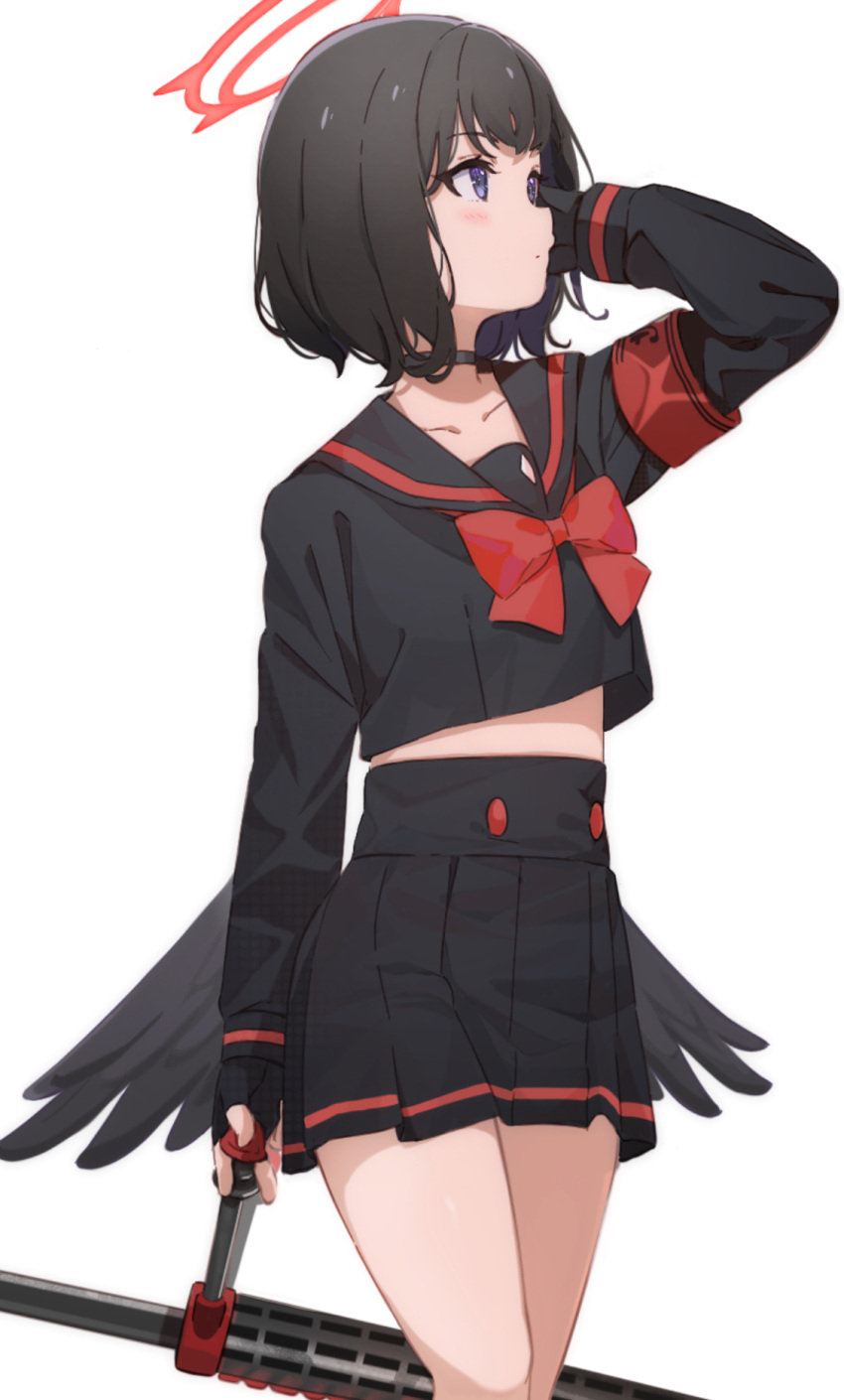 1girl arm_behind_head arm_up armband black_choker black_gloves black_hair black_sailor_collar black_serafuku black_shirt black_skirt blue_archive blush bow choker closed_mouth collarbone commentary_request feet_out_of_frame fingerless_gloves gloves halo highres holding icehotmilktea long_sleeves looking_away mashiro_(blue_archive) midriff_peek pleated_skirt purple_eyes red_bow sailor_collar school_uniform serafuku shirt simple_background skirt solo standing white_background