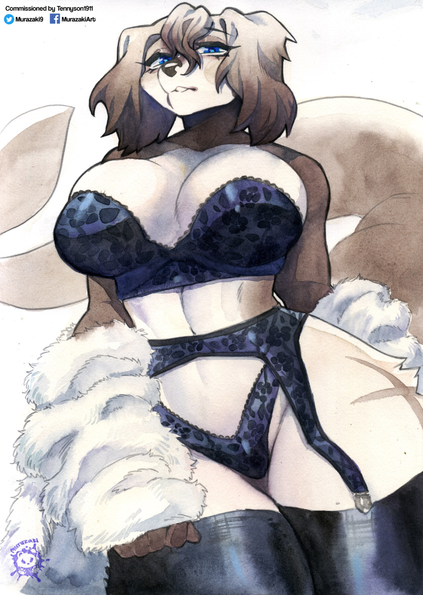 absurd_res anthro big_breasts bra breasts canid canine canis cetacean cleavage clothed clothing domestic_dog female garter_belt garter_straps hi_res hybrid legwear mammal marine murazaki panties solo thick_thighs thigh_highs toothed_whale underwear wide_hips