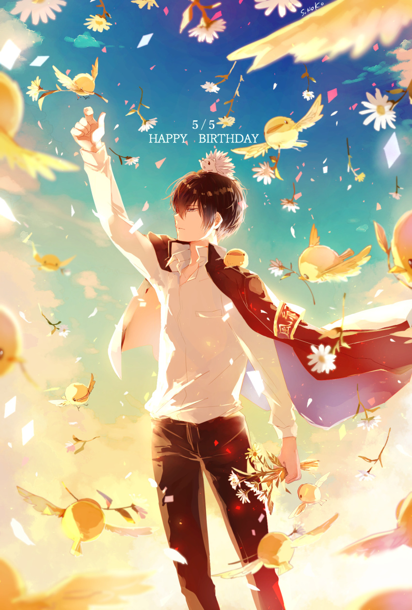 1boy animal_on_head bird black_hair black_pants blue_sky brown_eyes cloud confetti flower happy_birthday hedgehog hibari_kyouya highres holding holding_flower jacket jacket_on_shoulders katekyo_hitman_reborn! long_sleeves male_focus noko_(noko1886) on_head outdoors pants parted_lips petals reaching shirt short_hair sky solo white_flower white_shirt