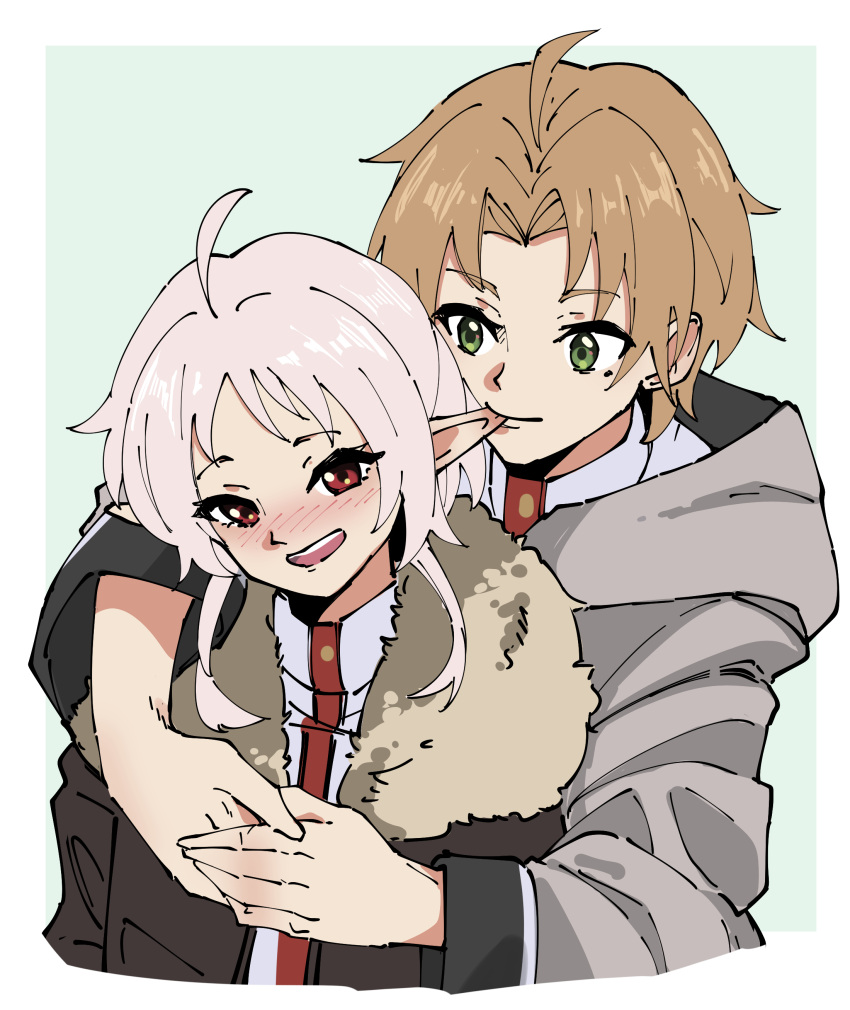 1boy 1girl absurdres ahoge biting blush brown_coat brown_hair coat couple ear_biting elf fur-trimmed_coat fur_trim green_eyes grey_hair grey_robe highres hug hug_from_behind husband_and_wife masruu mushoku_tensei nibbling nose_blush pointy_ears ranoa_magic_academy_school_uniform red_eyes robe rudeus_greyrat school_uniform short_hair sylphiette_(mushoku_tensei)