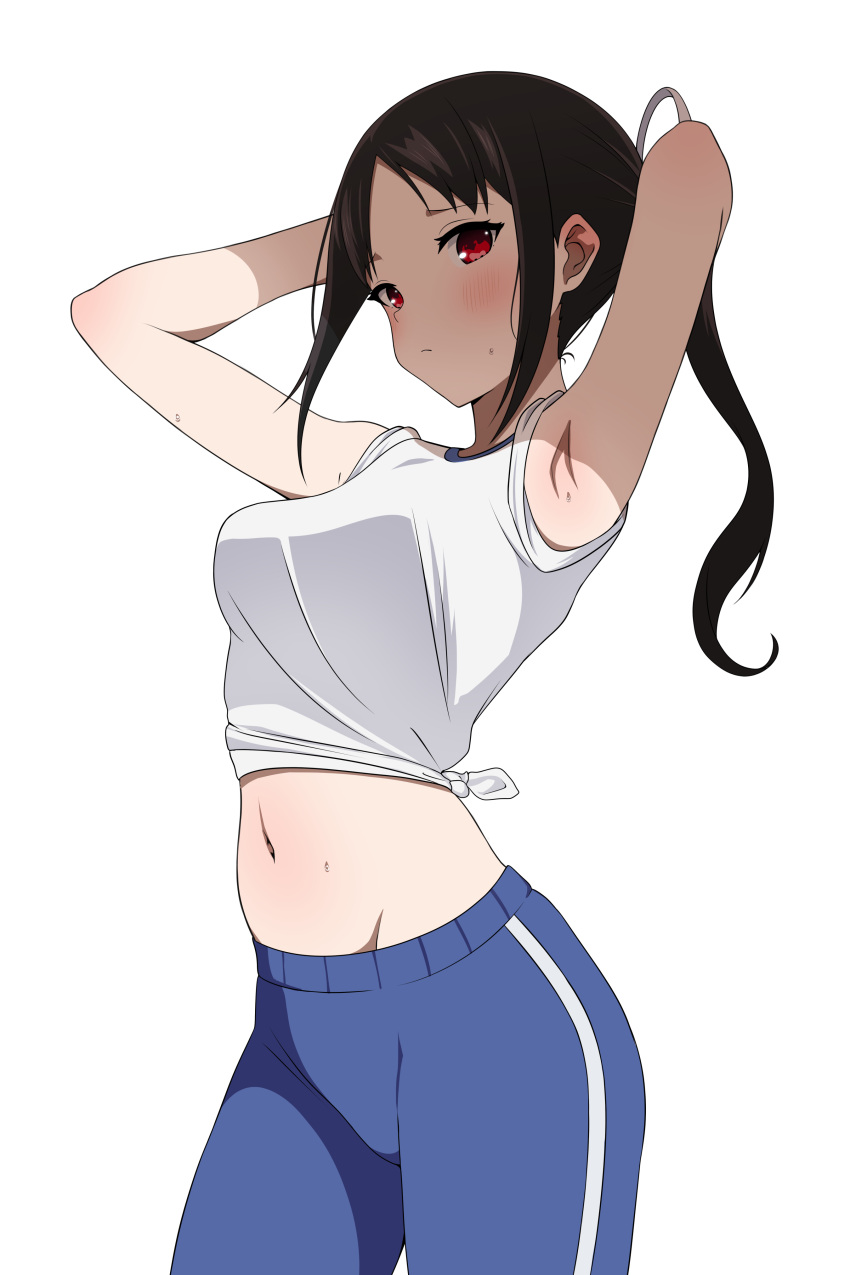 1girl absurdres armpits arms_up black_hair blue_pants blush breasts closed_mouth coro_fae cowboy_shot gym_uniform high_ponytail highres kaguya-sama_wa_kokurasetai_~tensai-tachi_no_renai_zunousen~ long_hair looking_at_viewer paid_reward_available pants red_eyes shinomiya_kaguya shirt sidelocks simple_background small_breasts solo sweat tied_shirt track_pants white_background