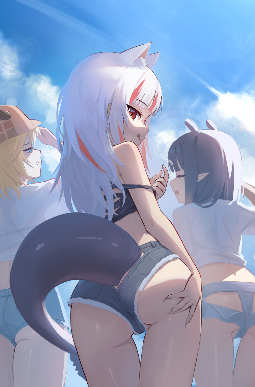 3girls :q absurdres animal_ears ass ass_grab blonde_hair blue_eyes blue_shorts blue_sky cat_ears closed_eyes closed_mouth cloud cloudy_sky commentary crop_top day deerstalker extra_ears fins fish_tail from_behind gawr_gura grabbing_own_ass hand_on_own_ass hat highres hirotaka0125 hololive hololive_english long_hair looking_at_viewer looking_back multicolored_hair multiple_girls ninomae_ina'nis open_mouth outdoors pointy_ears purple_hair red_eyes red_hair reflect_(gawr_gura) shading_eyes shark_girl shark_tail shirt short_hair short_shorts shorts sidelocks sky solo_focus strap_slip streaked_hair tail thigh_gap tongue tongue_out virtual_youtuber watson_amelia white_hair white_shirt