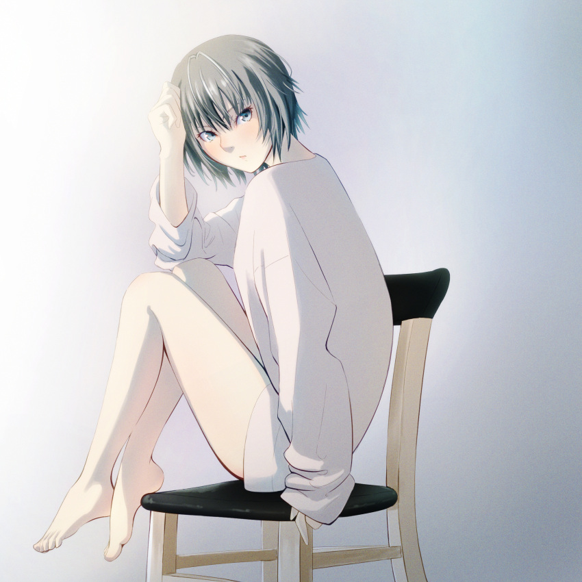 1girl amagami barefoot bob_cut chair closed_mouth feet full_body gradient_background grey_eyes grey_hair hand_in_own_hair highres long_hair looking_at_viewer nanasaki_ai on_chair oshizu shirt short_hair sitting solo thighs white_shirt