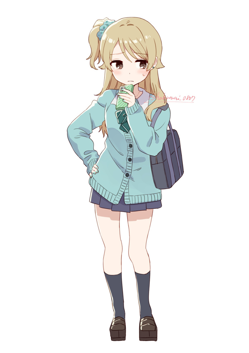 1girl alternate_costume bag black_socks blue_cardigan blue_skirt blush bow bowtie cardigan cellphone earrings full_body green_bow green_bowtie gyaru hand_on_own_hip highres holding holding_phone idolmaster idolmaster_cinderella_girls jewelry kogal light_brown_hair miniskirt morikubo_nono one_side_up phone pleated_skirt school_bag school_uniform shisui_(5830217) simple_background skirt socks solo stud_earrings sweatdrop twitter_username white_background