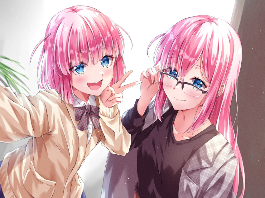 2girls adjusting_eyewear aged_up black-framed_eyewear blue_eyes blush bocchi_the_rock! brown_ribbon brown_shirt closed_mouth glasses gotoh_futari gotoh_hitori green_jacket hand_on_eyewear hand_up highres indoors jacket kikugawa_roku long_hair looking_at_viewer looking_over_eyewear medium_hair multiple_girls neck_ribbon open_mouth pink_hair plaid plaid_jacket plaid_ribbon ribbon selfie shirt smile v yellow_jacket