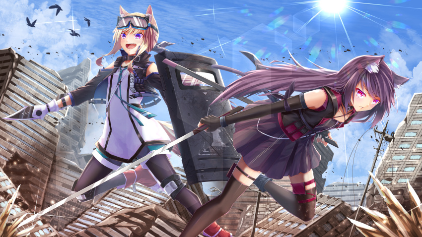 2girls absurdres animal_ear_fluff arknights bird black_pantyhose black_thighhighs blonde_hair cardigan_(arknights) crudefish fingerless_gloves gloves goggles goggles_on_head highres lens_flare light_particles long_hair melantha_(arknights) multiple_girls open_mouth pantyhose pink_eyes purple_eyes red_footwear riot_shield ruins shield tail teeth thighhighs upper_teeth_only utility_pole white_gloves