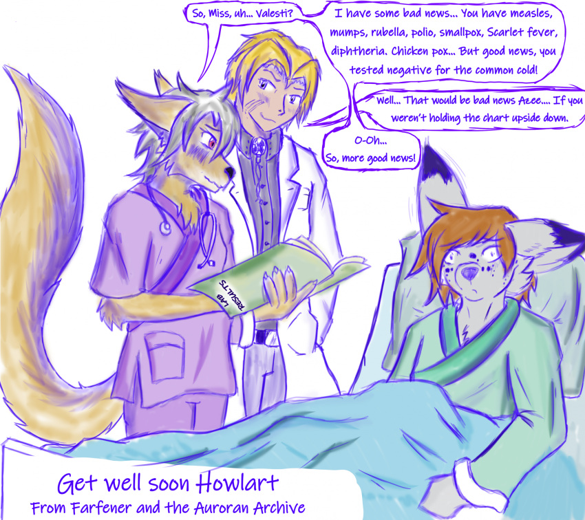 2023 anthro azee_(links) belt bonding canid canine canis collar colored cyote doctor farfener female fur get_well_soon_card hair happy hi_res howlart human insane links luke_(links) male mammal nurse protective rune shiyan sibling sister slave text the_farfener tired windhill_(links) wolf