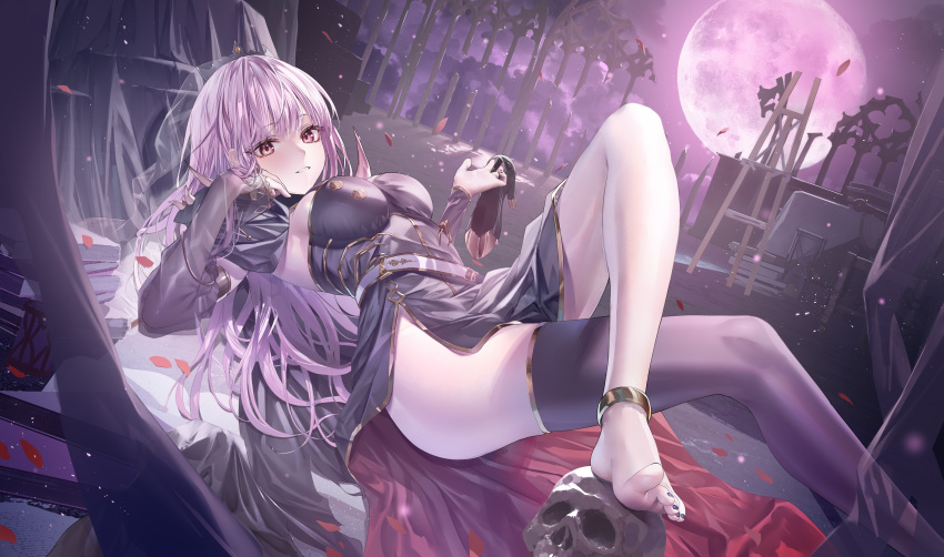 1girl absurdres bare_legs belt black_dress black_thighhighs breasts cape detached_sleeves dress feet full_moon gold_trim hand_up heirou highres hololive large_breasts legs long_hair long_sleeves looking_at_viewer lying moon mori_calliope mori_calliope_(1st_costume) on_back pink_hair red_eyes side_slit single_thighhigh skull solo strapless strapless_dress thighhighs thighs virtual_youtuber
