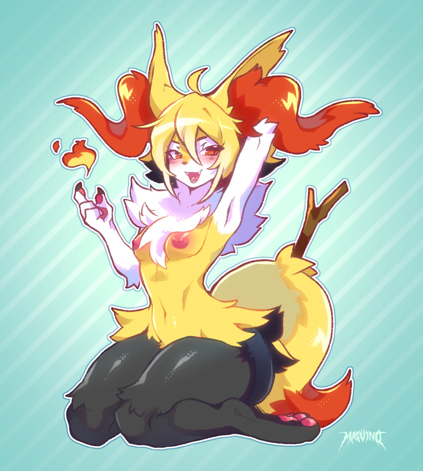 anthro big_ears black_body black_fur braixen breasts chest_tuft cute_fangs dipstick_tail elemental_manipulation female fire fire_manipulation fluffy fluffy_tail fur generation_6_pokemon hand_behind_head hi_res inner_ear_fluff kneeling markings masvino nintendo nipples nude open_mouth pawpads pink_nipples pink_pawpads pokemon pokemon_(species) small_breasts solo stick tail tail_markings thick_thighs tuft white_body white_fur yellow_body yellow_fur