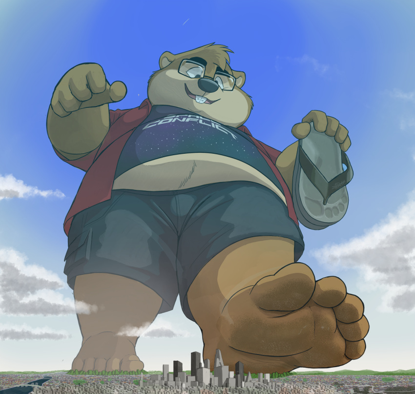 5_toes anthro city cityscape cloud dj-rodney eyewear feet glasses gopher hi_res landscape macro male mammal overweight overweight_anthro overweight_male paws rodent soles solo stomping toes