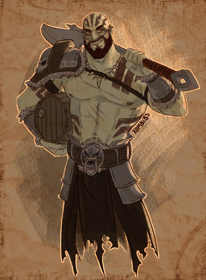 1boy abs armor axe bad_id bad_tumblr_id bald bare_pectorals barrel battle_axe blue_skin carrying carrying_under_arm chest_harness colored_skin critical_role cropped_legs grog_strongjaw harness head_tattoo highres jewelry large_pectorals looking_at_viewer male_focus mature_male muscular muscular_male navel necklace nipples over_shoulder pauldrons pectorals shoulder_armor shoulder_tattoo single_pauldron skull_belt smirk solo stomach tattoo the_legend_of_vox_machina thick_eyebrows tooth_necklace weapon weapon_over_shoulder x0mbi3s