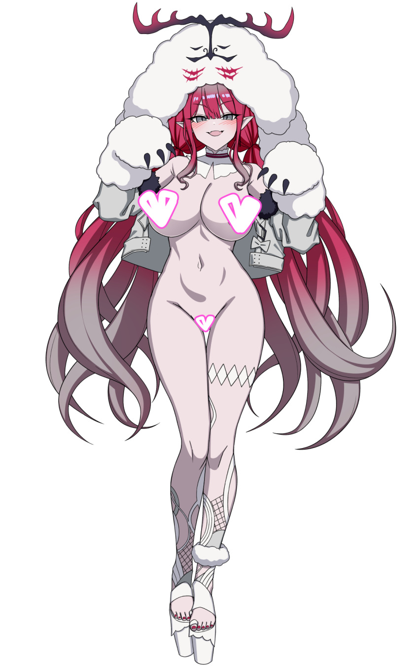 1girl baobhan_sith_(fate) baobhan_sith_(swimsuit_pretender)_(fate) baobhan_sith_(swimsuit_pretender)_(first_ascension)_(fate) blush breasts censored cernunnos_(fate) character_hood collar detached_collar fate/grand_order fate_(series) full_body grey_eyes heart heart_censor highres jacket muta_poo nail_polish navel nude open_clothes open_jacket open_mouth pink_hair platform_footwear platform_heels pointy_ears red_nails sidelocks smile solo thighs white_collar