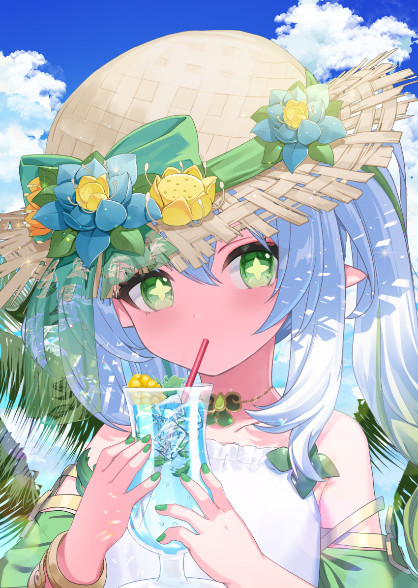 1girl bare_shoulders blue_flower blue_sky bow brown_headwear cloud cup day dress drink drinking_glass flower frilled_dress frills genshin_impact gradient_hair green_bow green_eyes green_hair green_nails hair_between_eyes hands_up hat hat_bow hat_flower highres holding holding_cup ice ice_cube long_hair multicolored_hair nahida_(genshin_impact) nail_polish nyori outdoors pointy_ears side_ponytail sidelocks sky solo straw_hat white_dress white_hair