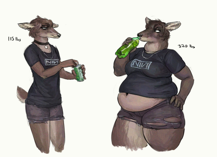 2020 anthro before_and_after belly beverage beverage_can bottle bottomwear brown_body brown_fur brown_hair cervine cettus clothed clothing collar container deer drinking female flat_chested fur hair hand_on_hip holding_beverage holding_object hotpants jewelry mammal midriff necklace overweight overweight_anthro overweight_female pants shirt shorts simple_background slim small_waist soda solo standing topwear torn_bottomwear torn_clothing torn_pants weight_gain white_background