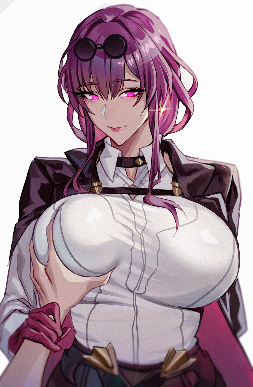 1girl black_jacket breasts celyn404 eyewear_on_head gloves grabbing grabbing_another's_breast guided_breast_grab guiding_hand highres honkai:_star_rail honkai_(series) jacket kafka_(honkai:_star_rail) large_breasts long_jacket looking_at_viewer purple_eyes purple_gloves purple_hair round_eyewear shirt standing sunglasses upper_body white_background white_shirt