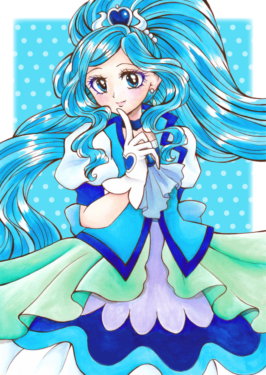 1girl blue_choker blue_eyes blue_hair blue_theme blue_vest choker colored_eyelashes commentary_request cure_fontaine earrings gloves hair_ornament healin'_good_precure heart heart_hair_ornament highres index_finger_raised jewelry long_hair looking_at_viewer magical_girl polka_dot polka_dot_background ponytail precure puffy_sleeves sawaizumi_chiyu shopan_(melody1015jump) smile solo vest white_gloves wide_ponytail