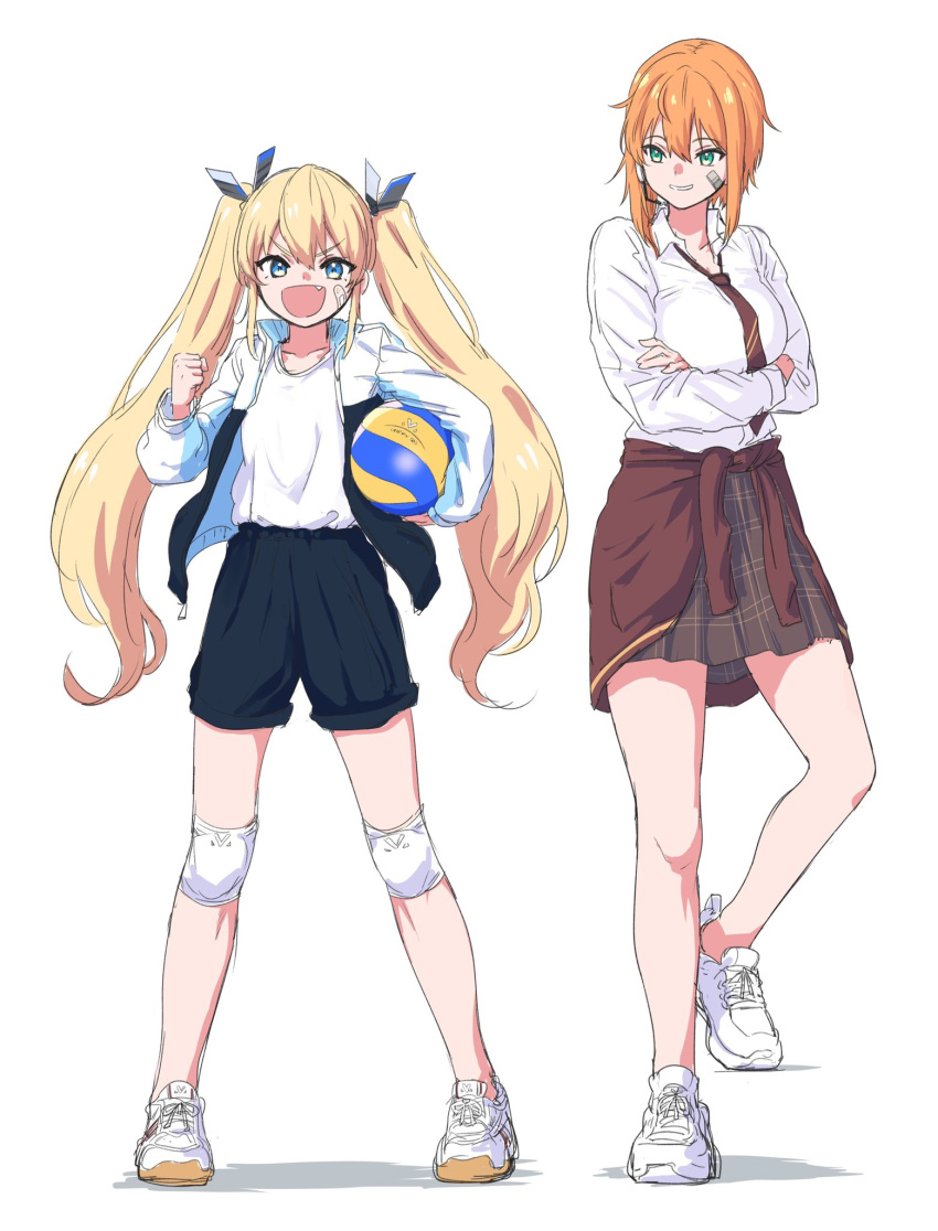 2girls ball bandaid bandaid_on_cheek bandaid_on_face blonde_hair blue_eyes commentary_request crossed_arms fang goddess_of_victory:_nikke green_eyes highres holding holding_ball jacket laplace_(nikke) maxwell_(nikke) multiple_girls nuko609 open_clothes orange_hair pleated_skirt shirt shorts skirt twintails white_footwear white_shirt