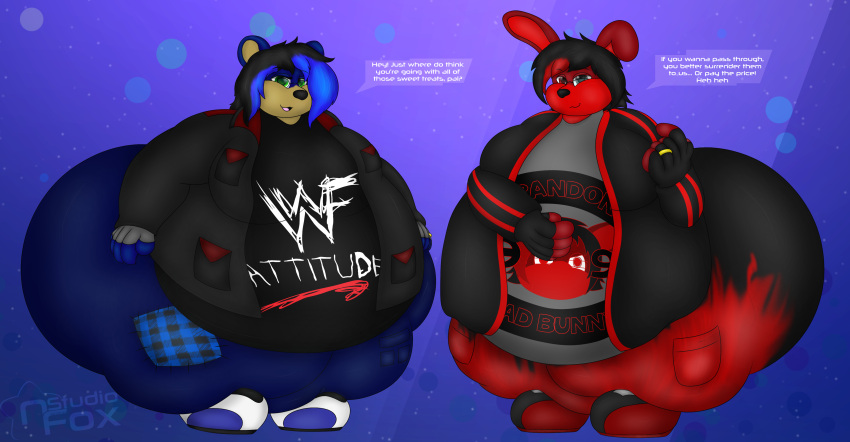 2020 absurd_res anthro artist_name bangs bear belly big_belly big_butt black_bottomwear black_clothing black_hair black_jacket black_nose black_pants black_shirt black_topwear blue_background blue_body blue_fur blue_hair bottomwear brandon-x breasts butt clothed clothing dialogue digit_ring digital_drawing_(artwork) digital_media_(artwork) duo eyewear female fingerless_gloves footwear fur gesturing_at_viewer glasses gloves green_eyes grey_clothing grey_eyes grey_gloves grey_handwear hair hand_on_stomach handwear heterochromia hi_res huge_butt huge_thighs jacket jewelry lagomorph leporid logo logo_on_shirt long_ears looking_at_viewer male male/female mammal married_couple multicolored_body multicolored_clothing multicolored_footwear multicolored_fur multicolored_hair multicolored_shoes obese obese_anthro obese_female obese_male open_clothing open_jacket open_mouth open_topwear overweight overweight_anthro overweight_female overweight_male pants patch_(fabric) pockets rabbit red_eyes red_hair ring samantha_quinzel_kinzie shirt shoes simple_background smile speech_bubble standing stripes studionfox talking_to_viewer thick_thighs threatening topwear ursine wedding_ring wwf