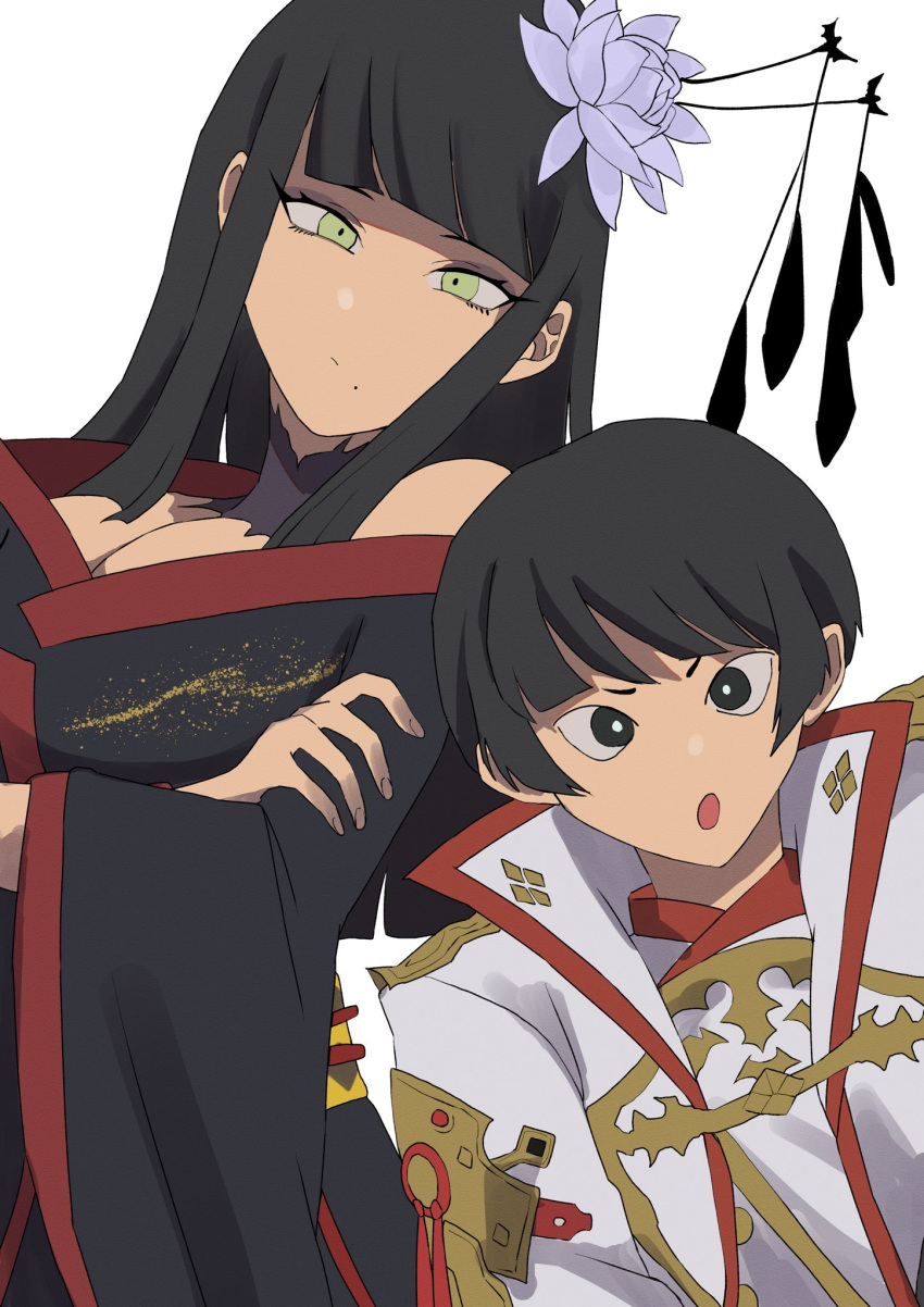 1boy 1girl :o arm_guards asahi_sas_brutus bare_shoulders black_eyes black_hair black_kimono blunt_bangs bowl_cut bright_pupils brother_and_sister coat crossed_arms epiphyllum final_fantasy final_fantasy_xiv flower glaa_da green_eyes hair_flower hair_ornament hair_stick hand_on_own_arm highres hyur japanese_clothes kimono long_hair looking_at_viewer mole mole_under_mouth off_shoulder open_mouth short_hair siblings side-by-side sidelocks simple_background straight_hair upper_body white_background white_coat white_pupils yotsuyu_goe_brutus