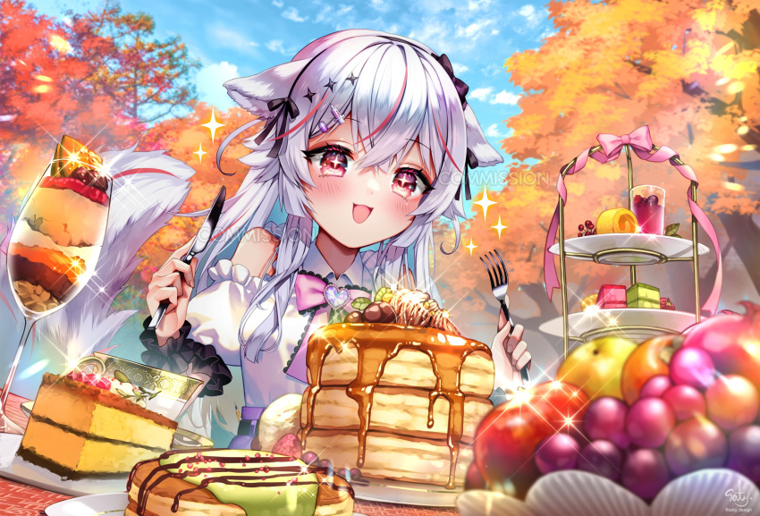 1girl blush bow bowtie cake commentary commission drink food fork grey_hair guild_cq highres holding holding_fork holding_knife knife kurenagi_eri multicolored_hair open_mouth outdoors pancake pink_bow pink_bowtie red_eyes red_hair skeb_commission smile solo sparkling_eyes streaked_hair symbol-only_commentary tree twintails virtual_youtuber yukimichi_(nieko)