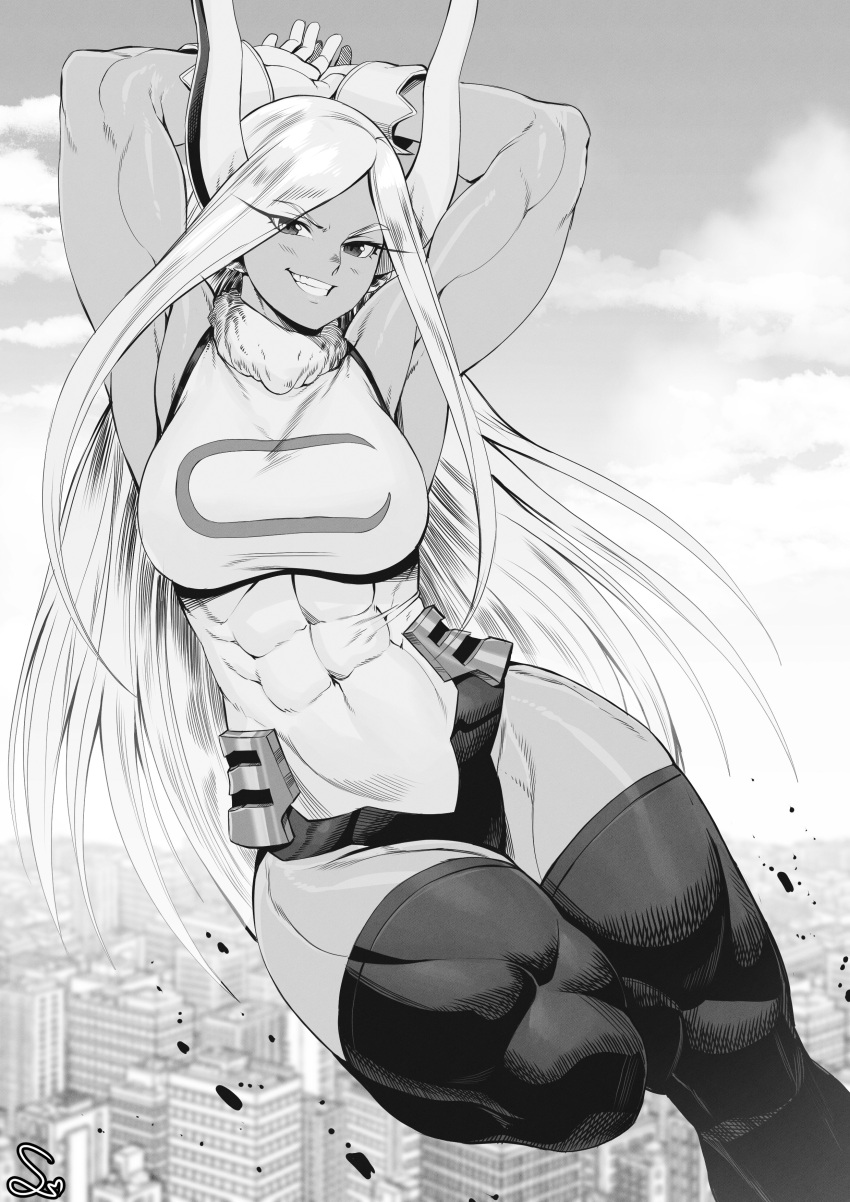 1girl absurdres animal_ears armpits arms_behind_head arms_up bare_shoulders boku_no_hero_academia breasts cityscape covered_abs covered_navel crescent_print dark-skinned_female dark_skin fur_collar gloves greyscale grin highleg highleg_leotard highres large_breasts leotard long_eyelashes long_hair looking_at_viewer midair mirko monochrome muscular muscular_female obliques parted_bangs rabbit_ears rabbit_girl signature sleeveless_turtleneck_leotard smile solo speedl00ver taut_leotard thick_thighs thighhighs thighs very_long_hair white_hair white_leotard