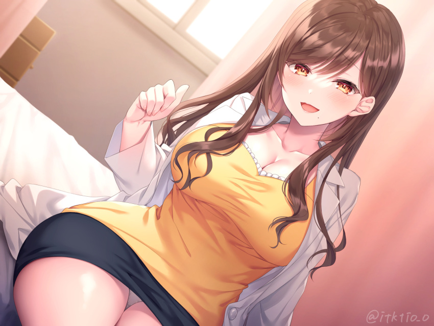 1girl :d bed black_shirt blush breasts brown_eyes brown_hair cleavage commentary_request curtains hair_between_eyes highres infirmary itsuki_jun lab_coat large_breasts long_hair long_sleeves looking_at_viewer on_bed open_mouth orange_shirt original panties pantyshot pencil_skirt shirt sidelocks sitting skirt smile solo thighs twitter_username underwear white_panties wide_hips window