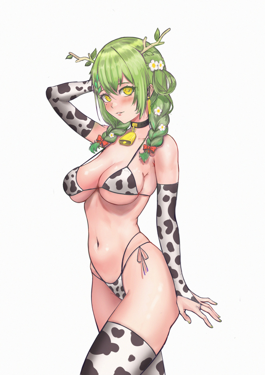 1girl absurdres animal_print antlers arm_up armpit_crease bad_proportions bell bikini black_choker blush braid breasts ceres_fauna choker cow_print cow_print_bikini cowbell elbow_gloves flower gloves green_hair hair_flower hair_ornament highres hololive hololive_english large_breasts looking_at_viewer mikexyil mole mole_under_eye navel parted_lips print_bikini simple_background skindentation solo stomach strap_gap swimsuit thighhighs twin_braids virtual_youtuber white_background yellow_eyes