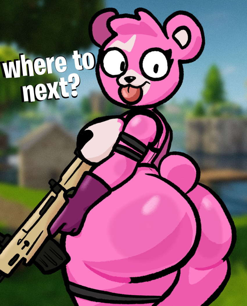 anthro bear cuddle_team_leader epic_games female fortnite hi_res lewdewott looking_at_viewer mammal solo text tongue tongue_out