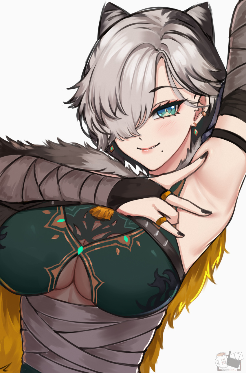 1girl absurdres animal_ears armpits bandages black_nails blue_eyes blush breasts bridal_gauntlets cape cleavage dynorz earrings fur-trimmed_cape fur_trim grey_hair hair_over_one_eye highres jewelry kunai_nakasato large_breasts mole mole_under_mouth nijisanji nijisanji_en parted_bangs presenting_armpit short_hair simple_background smile solo spread_armpit white_background wolf_ears