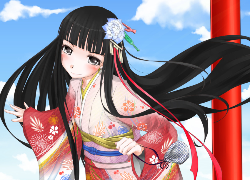 1girl black_hair blue_flower blue_sky blunt_bangs blush closed_mouth cloud cloudy_sky commentary_request day floral_print flower grey_eyes hair_flower hair_ornament head_tilt hime_cut himegami_aisa japanese_clothes kimono long_hair long_sleeves looking_at_viewer multicolored_clothes multicolored_kimono obi outdoors sash shin_(highest1192) sidelocks sky smile solo toaru_majutsu_no_index upper_body very_long_hair wide_sleeves yukata