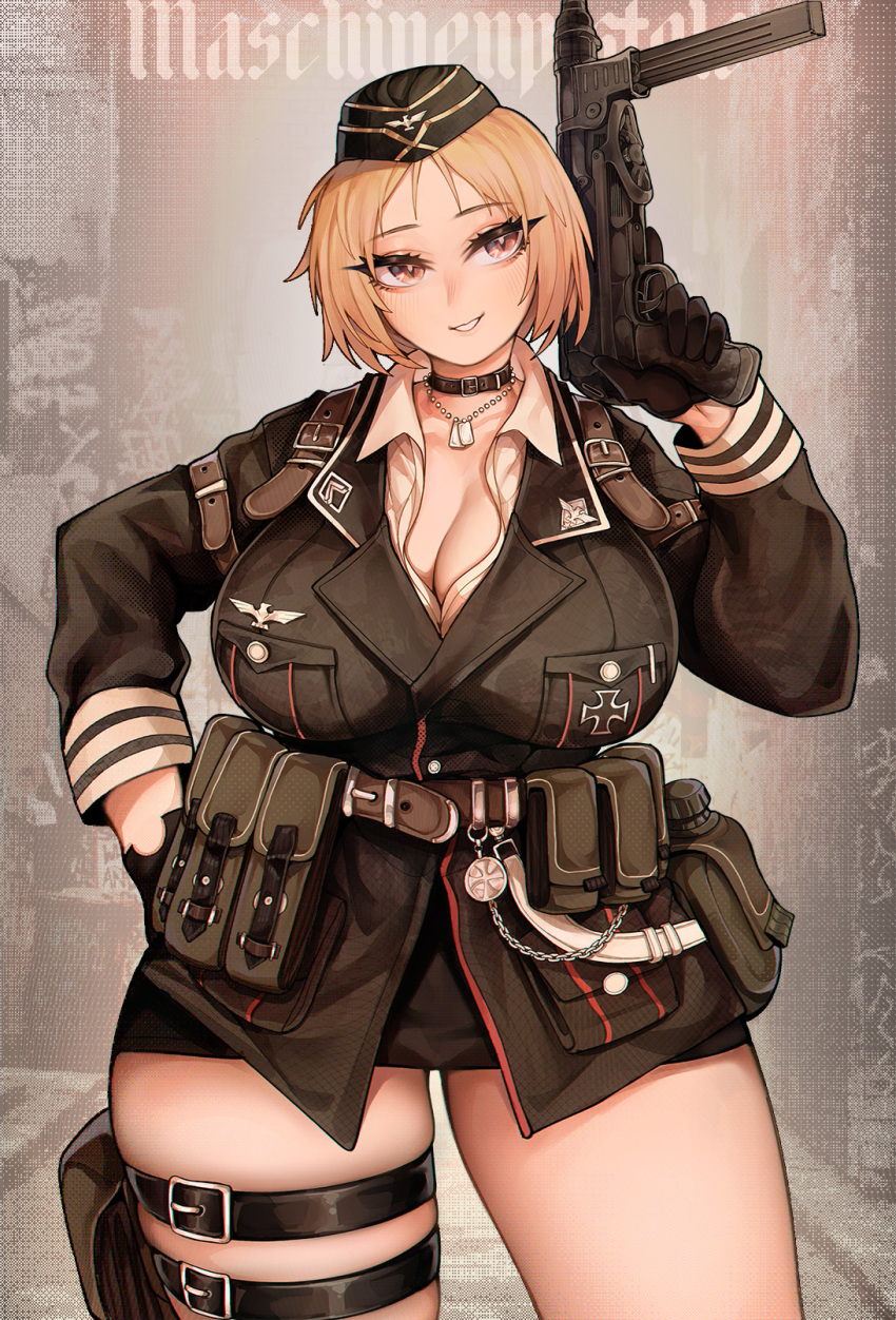 1girl ammunition_pouch black_gloves black_headwear black_jacket black_skirt blonde_hair breasts brown_eyes canteen cleavage collar commentary cowboy_shot cross dog_tags garrison_cap girls'_frontline gloves gun hand_on_own_hip hand_up hat highres holding holding_weapon huge_breasts iron_cross jacket medium_hair military_uniform mp40 mp40_(girls'_frontline) parted_lips pouch shirt skirt smile solo submachine_gun thigh_strap thighs uni_(oni_unicorn) uniform weapon white_shirt