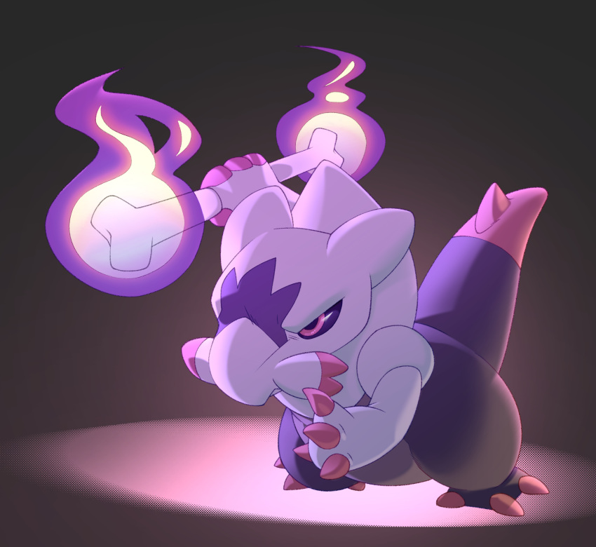 2023 alolan_form alolan_marowak ambiguous_gender anthro bone claw_fingers claws colored_fire cubow dipstick_tail female_(lore) fighting_pose fire fraxure full-length_portrait generation_5_pokemon glare grey_background hi_res holding_bone leaning leaning_forward markings nintendo pink_claws pink_eyes pokemon pokemon_(species) portrait pose purple_fire purple_sclera regional_form_(pokemon) simple_background skull skull_head solo standing tail tail_markings willow_(theharrowedsoul)