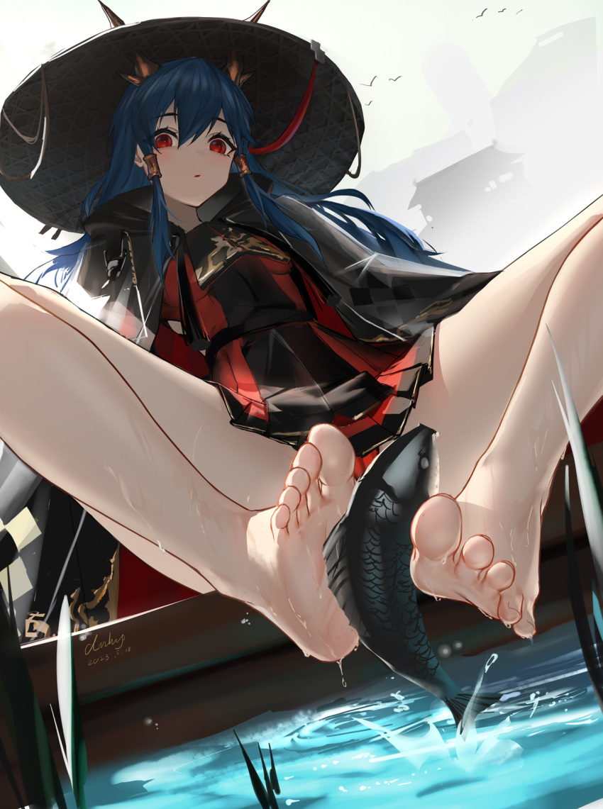 1girl anming arknights bare_legs barefoot black_cloak black_dress blue_hair ch'en_(arknights) ch'en_the_holungday_(arknights) ch'en_the_holungday_(ten_thousand_mountains)_(arknights) cloak dress dutch_angle feet fish foot_focus foot_hold hair_between_eyes hat highres legs long_hair looking_at_viewer parted_lips red_eyes signature sitting soles solo toenails toes water wet