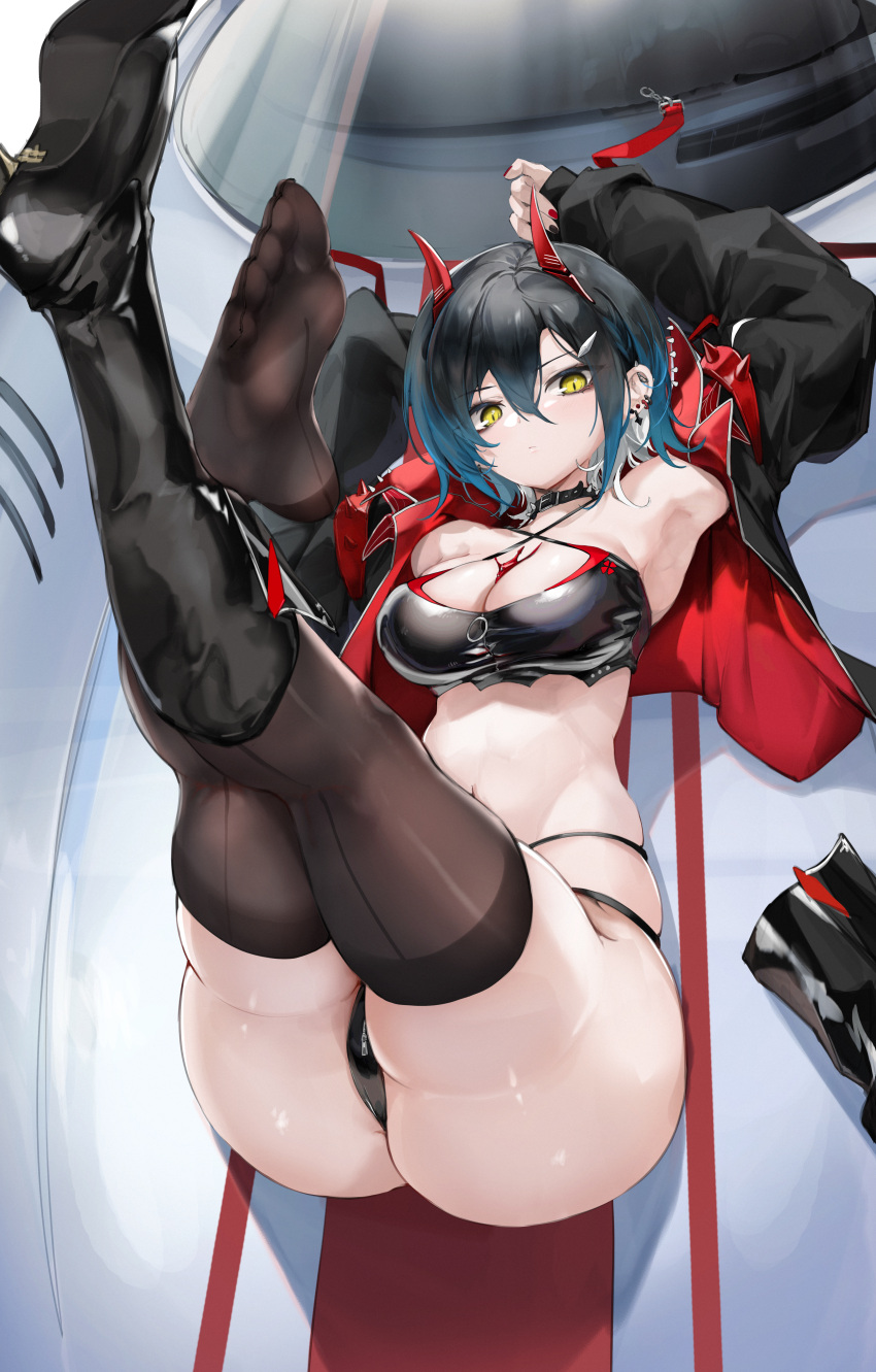 1girl absurdres armpits arms_up ass azur_lane black_choker black_footwear black_hair black_jacket black_nails blue_hair boots breasts brown_thighhighs car choker cleavage closed_mouth colored_inner_hair commentary_request criss-cross_halter crop_top ear_piercing feet full_body hair_between_eyes halterneck high_heel_boots high_heels highres horns jacket large_breasts legs legs_up light_blush long_sleeves looking_at_viewer lying mechanical_horns motor_vehicle multi-strapped_panties multicolored_hair multicolored_nails navel official_alternate_costume on_back on_vehicle piercing porsche race_queen red_horns red_nails short_hair single_boot skindentation sleeves_past_wrists soles solo spiked_choker spikes stomach thighhighs thighs toes two-sided_fabric two-sided_jacket ulrich_von_hutten_(azur_lane) ulrich_von_hutten_(ignition_matrician)_(azur_lane) unworn_boots white_hair xun_li_eins yellow_eyes zipper_pull_tab