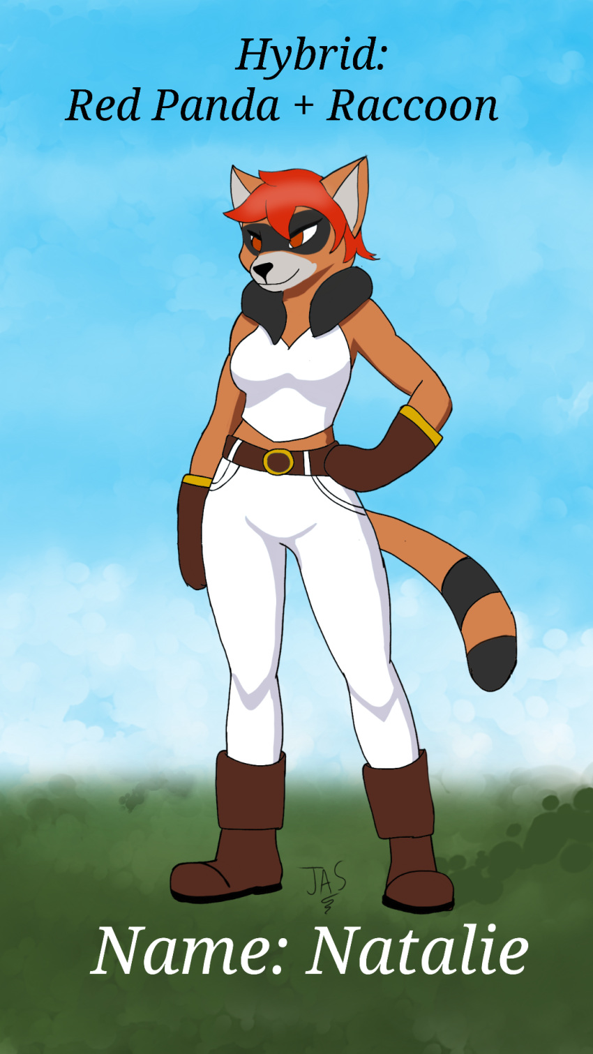 9:16 age_difference ailurid anthro anuvisur_(artist) boots bottomwear breasts clothed clothing denim denim_clothing digital_media_(artwork) english_text female footwear fur gloves hair handwear happy hi_res hybrid jeans legwear mammal markings pants procyonid raccoon red_hair red_panda ring_(marking) ringtail shirt short_hair simple_background solo t-shirt tail tail_markings text topwear younger_female