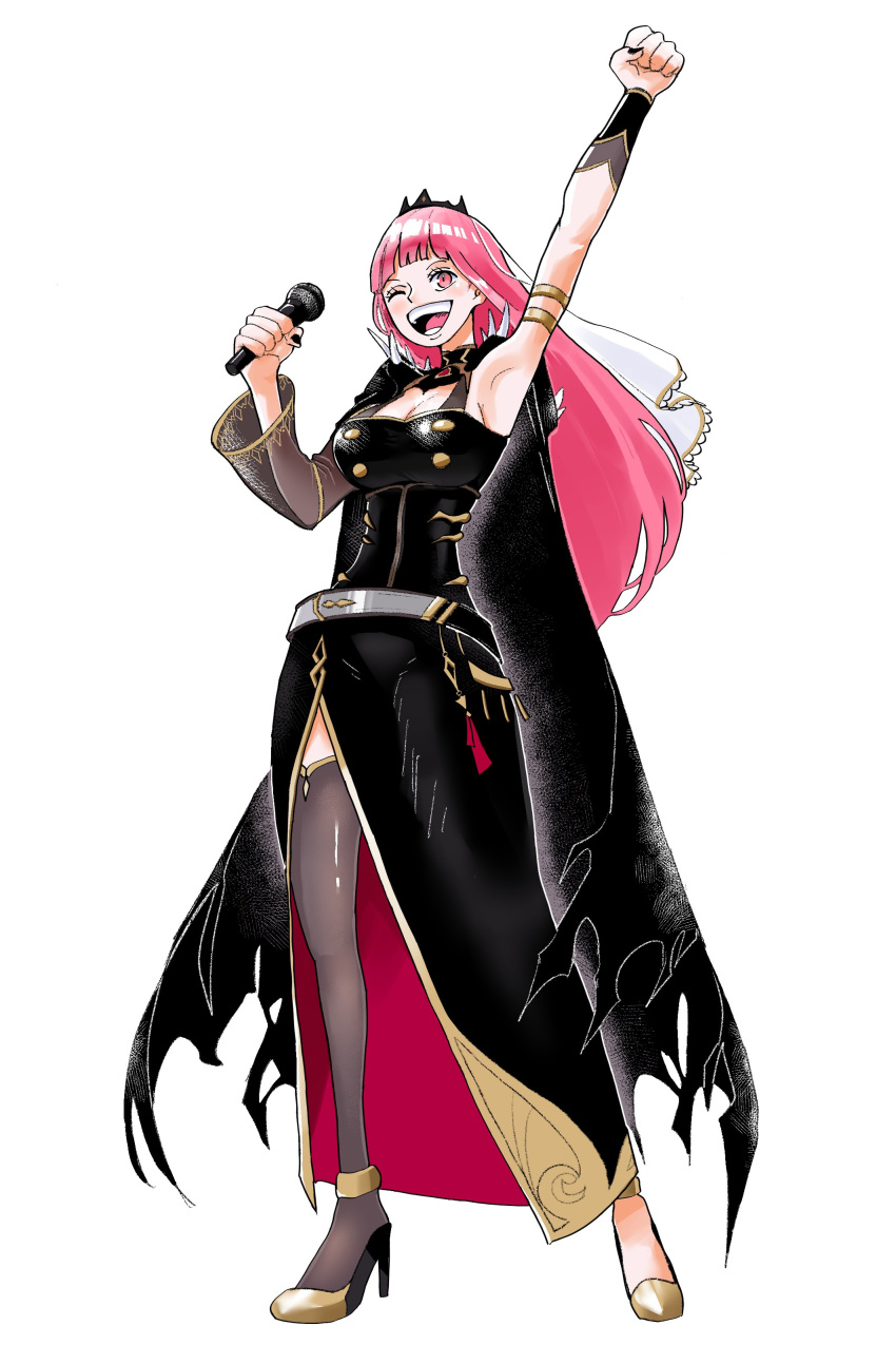 1girl ;d absurdres archist2357 arm_up armpits black_cape black_dress blunt_bangs breasts cape clenched_hand detached_sleeves dress highres holding holding_microphone hololive hololive_english large_breasts long_hair microphone mori_calliope mori_calliope_(1st_costume) oda_eiichirou_(style) one_eye_closed open_mouth parody pink_eyes pink_hair side_slit single_detached_sleeve single_thighhigh smile spiked_hood style_parody thighhighs tiara torn_cape torn_clothes veil virtual_youtuber white_background