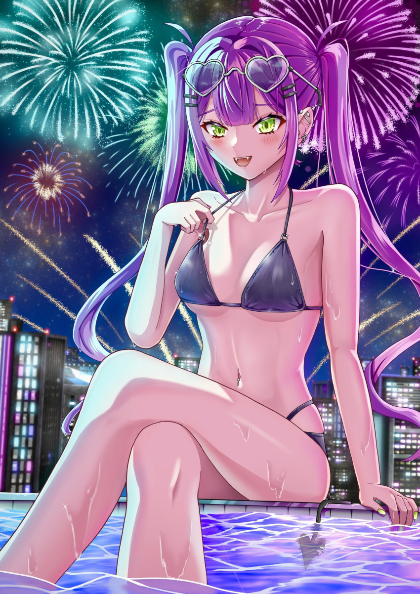 1girl aerial_fireworks bikini black_bikini blush breasts cityscape crossed_legs demon_tail ear_piercing fangs fireworks green_eyes hair_ornament hairpin heart heart-shaped_eyewear high-waist_bikini highres hiiragi_melt hololive long_hair looking_at_viewer medium_breasts navel navel_piercing night night_sky piercing pink_hair sky smile solo swimsuit tail tokoyami_towa twintails virtual_youtuber