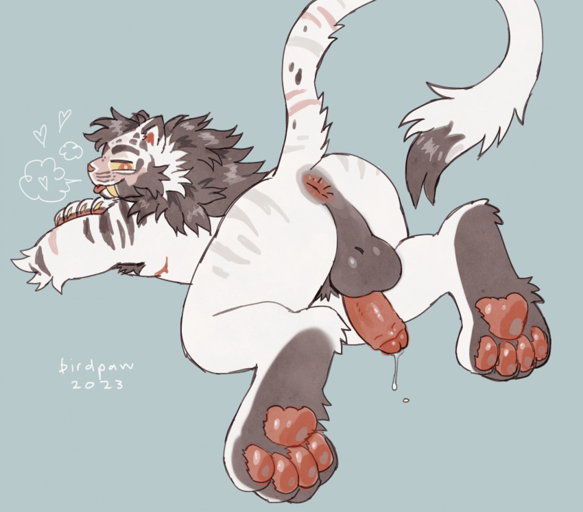 &lt;3 anthro anus arm_tuft backsack balls birdpaw_(artist) blep bodily_fluids breath brown_balls brown_ears brown_feet brown_hair brown_mane brown_markings digitigrade dripping fangs feathers felid fur fur_markings genital_fluids genitals glans green_background hair hi_res hindpaw leg_tuft lying male mammal mane markings mastectomy_scar on_front pawpads paws penis penis_backwards precum precum_drip raised_tail rear_view red_anus red_eyes red_glans red_pawpads red_penis red_scar saber-toothed_tiger sabertooth_(anatomy) scar simple_background smile solo tail tail_markings tail_tuft tan_body tan_feathers tan_markings teeth three-quarter_view tongue tongue_out trans_(lore) trans_man_(lore) tuft white_body white_fur yellow_fangs yellow_sclera