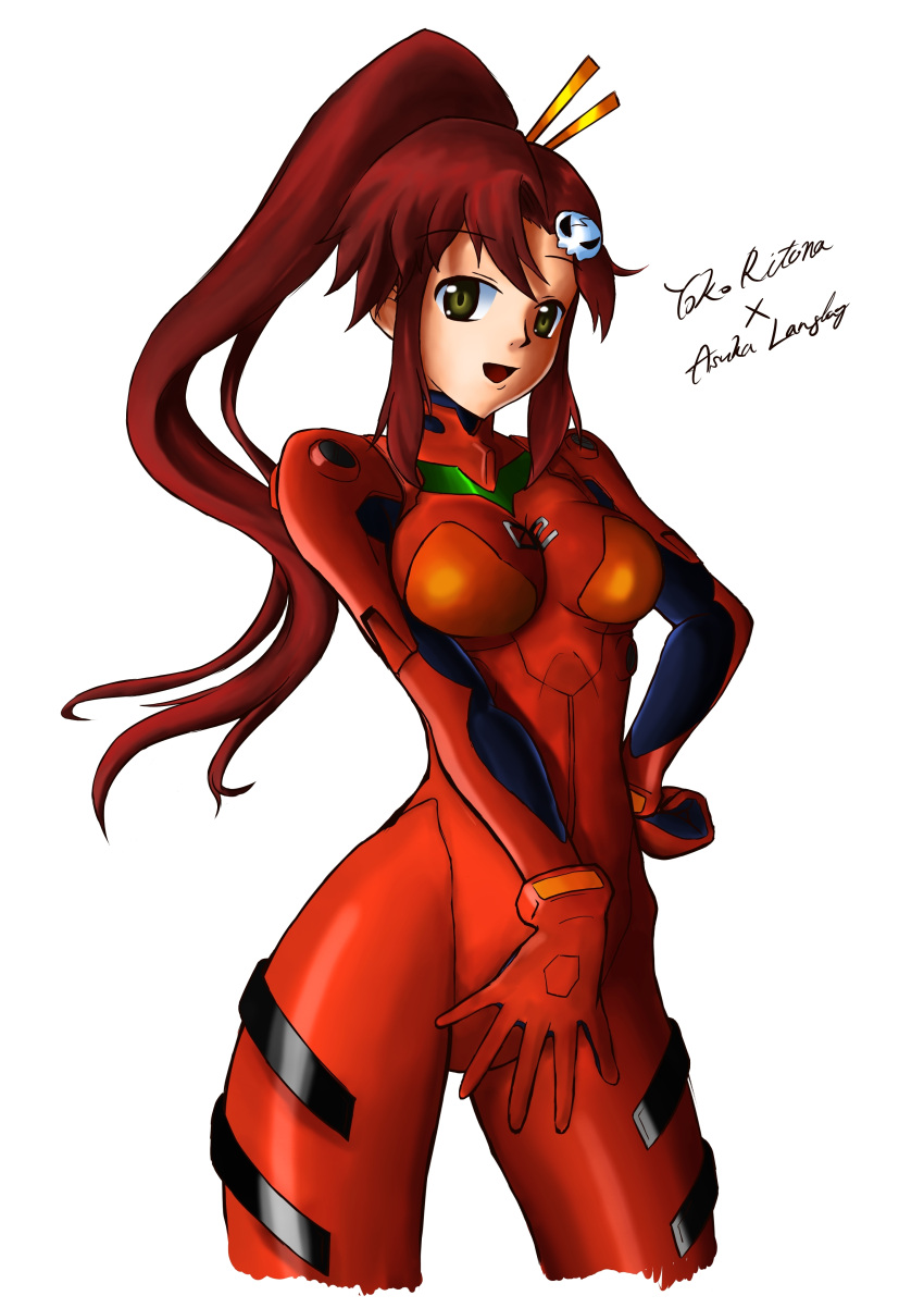 1girl absurdres asuka1love bodysuit breasts brown_eyes cosplay hair_ornament highres large_breasts long_hair neon_genesis_evangelion plugsuit ponytail red_bodysuit red_hair skin_tight souryuu_asuka_langley tengen_toppa_gurren_lagann yoko_littner