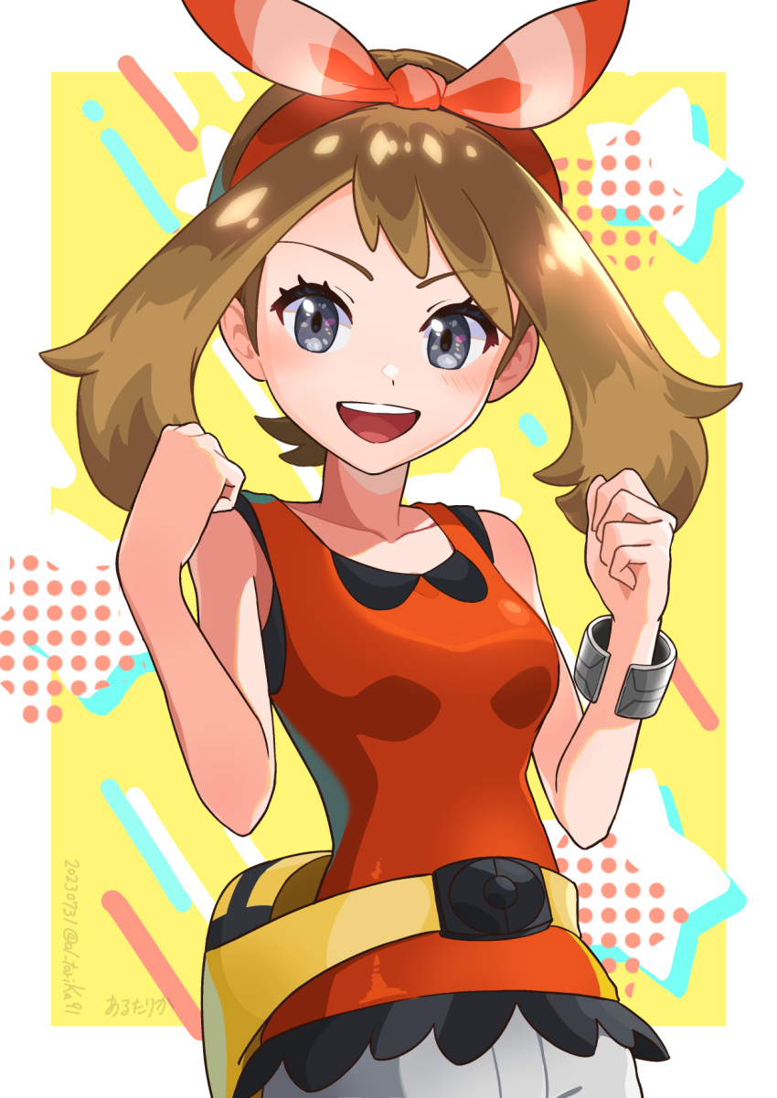 1girl :d arutarika_(ri_kaoekaki) blush border bow_hairband bracelet brown_hair commentary_request eyelashes fanny_pack grey_eyes hairband hands_up highres jewelry looking_at_viewer may_(pokemon) medium_hair open_mouth pokemon pokemon_(game) pokemon_oras shirt shorts sleeveless sleeveless_shirt smile solo star_(symbol) teeth upper_teeth_only white_border yellow_background yellow_bag