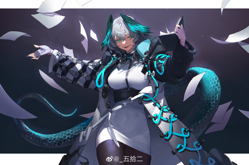 1girl absurdres aqua_eyes aqua_nails aqua_wings arknights black_pantyhose book breasts coat dark_background dress evil_grin evil_smile falling fang feathered_wings fingerless_gloves fingernails gloves grey_hair grin hair_between_eyes head_wings highres ho'olheyak_(arknights) holding holding_book infection_monitor_(arknights) large_breasts long_coat long_sleeves looking_to_the_side open_clothes open_coat open_mouth outstretched_arm pantyhose paper scales sharp_fingernails short_hair smile snake_tail solo tail upper_body white_dress white_gloves wings wushier
