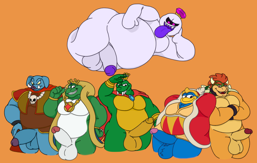 absurd_res amphibian anthro avian ball_tuft balls beak belly big_pecs big_penis big_tongue bird black_eyes blue_body blue_eyes blue_penis bottomless bottomless_male bowser bracelet brown_eyes cape chest_tuft claws clothed clothing collar crossed_arms crown donkey_kong_(series) ears_down erection floating floppy_ears frog ganon gem genitals gesture ghost gold_balls gold_penis green_body group hair hand_above_head hand_on_butt hand_on_hip hand_on_stomach hands_behind_head hat headgear headwear hi_res horn jewelry king_boo king_dedede king_k._rool kirby_(series) koopa kremling leaning_on_another looking_at_viewer luigi's_mansion lying male mammal mamu mario_bros musclegut necklace nintendo on_side open_mouth overweight overweight_anthro pecs penguin penis pivoted_ears purple_eyes raised_hand red_eyes red_hair robe scalie sharp_teeth shell shoulder_pads side_butt skull_accessory skull_necklace smile smiling_at_viewer snout spirit standing suina tan_balls tan_body tan_skin teeth the_legend_of_zelda thick_penis thumbs_up tongue tongue_out tuft tusks waniiime_(artist) wart_(mario) white_balls white_penis yellow_body yellow_eyes