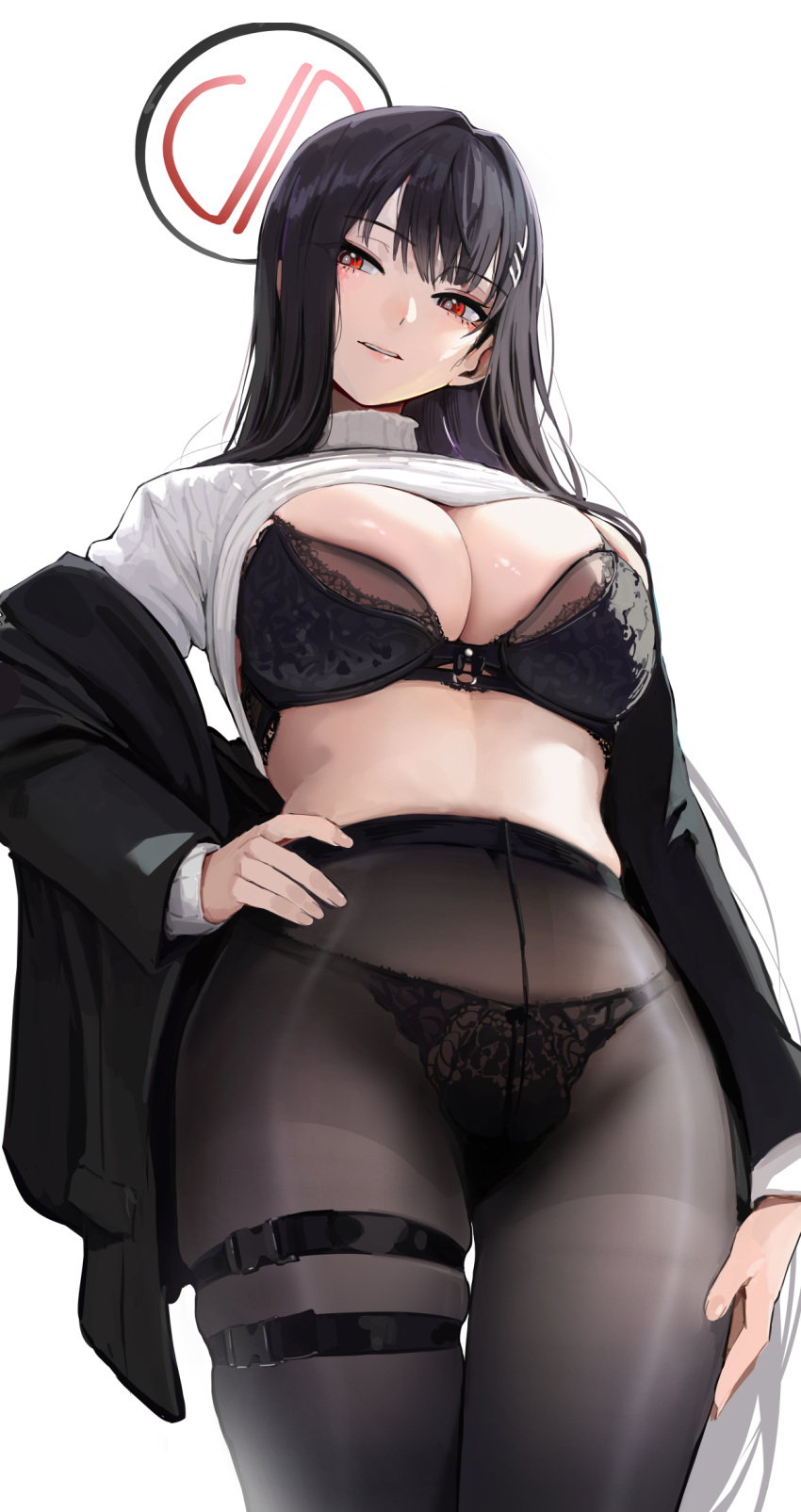 1girl black_bra black_hair black_panties black_pantyhose blue_archive bra breasts chela77 clothes_lift commentary from_below hair_ornament halo hand_on_own_hip highres large_breasts long_hair long_sleeves panties panties_under_pantyhose pantyhose parted_lips red_eyes rio_(blue_archive) see-through simple_background solo sweater sweater_lift symbol-only_commentary thigh_strap thighs underwear white_background white_sweater
