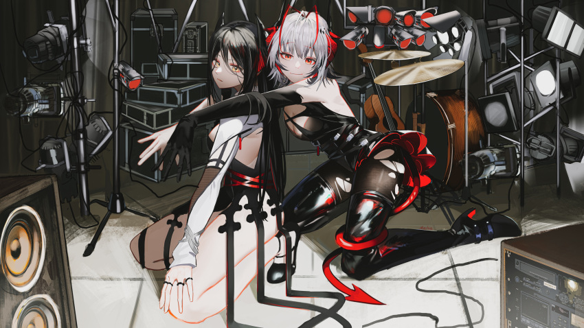 2girls absurdres antenna_hair arknights bare_legs belt belt_buckle black_belt black_dress black_footwear black_gloves black_hair black_pantyhose boots breasts buckle cable chinese_commentary cleavage closed_mouth commentary_request demon_horns demon_tail dress drum drum_set elbow_gloves fake_horns floodlights full_body gloves grey_hair hair_between_eyes hand_on_own_knee high_heel_boots high_heels highres horns hug hug_from_behind indoors ines_(arknights) instrument jewelry kneeling large_breasts long_hair looking_at_viewer mackia multicolored_hair multiple_girls multiple_rings on_floor pantyhose parted_lips red_eyes red_hair ring shoes short_dress short_hair single_glove sitting smile speaker streaked_hair tail thigh_boots torn_clothes torn_pantyhose very_long_hair w_(arknights) white_sleeves yellow_eyes