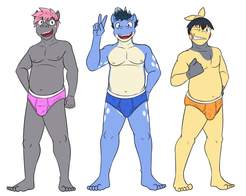 anthro anthrofied blue_briefs blue_clothing blue_underwear briefs briefs_only bulge clothed clothing full-length_portrait fuze generation_3_pokemon gesture group hi_res makuhita male navel nintendo nipples orange_briefs orange_clothing orange_underwear pink_briefs pink_clothing pink_underwear pokemon pokemon_(species) pokemorph portrait simple_background slightly_chubby spheal spoink topless trio underwear underwear_only v_sign white_background