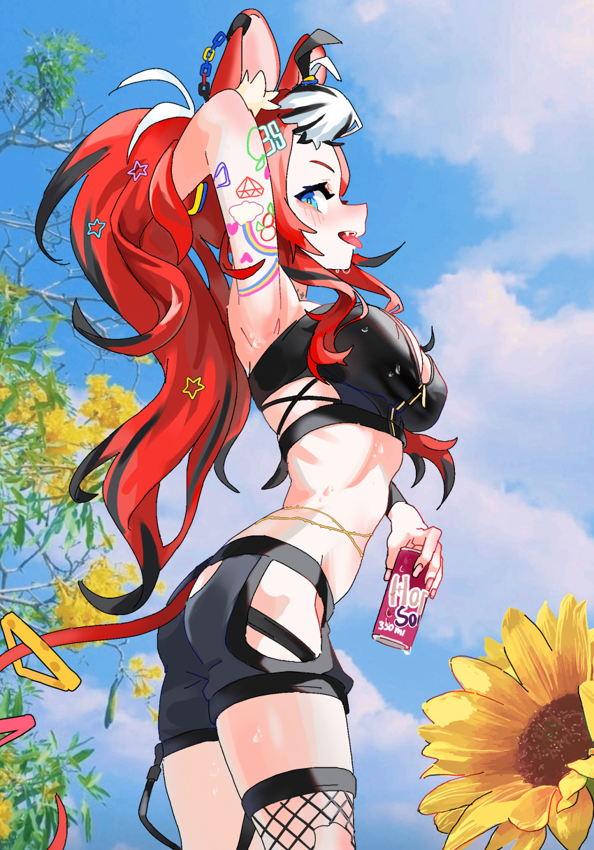 1girl absurdres animal_ears armpits ass asymmetrical_legwear black_shorts blue_eyes breasts can chain cleavage covered_nipples cowboy_shot crop_top fangs fishnet_thighhighs fishnets flower from_side garter_straps gurumie hakos_baelz highres holding holding_can holding_hair hololive hololive_english long_hair medium_breasts midriff mouse_ears mouse_girl mouse_tail official_alternate_costume official_alternate_hairstyle open_mouth outdoors profile red_hair short_shorts shorts sideways_glance sky soda_can solo sunflower tail tattoo thighhighs virtual_youtuber