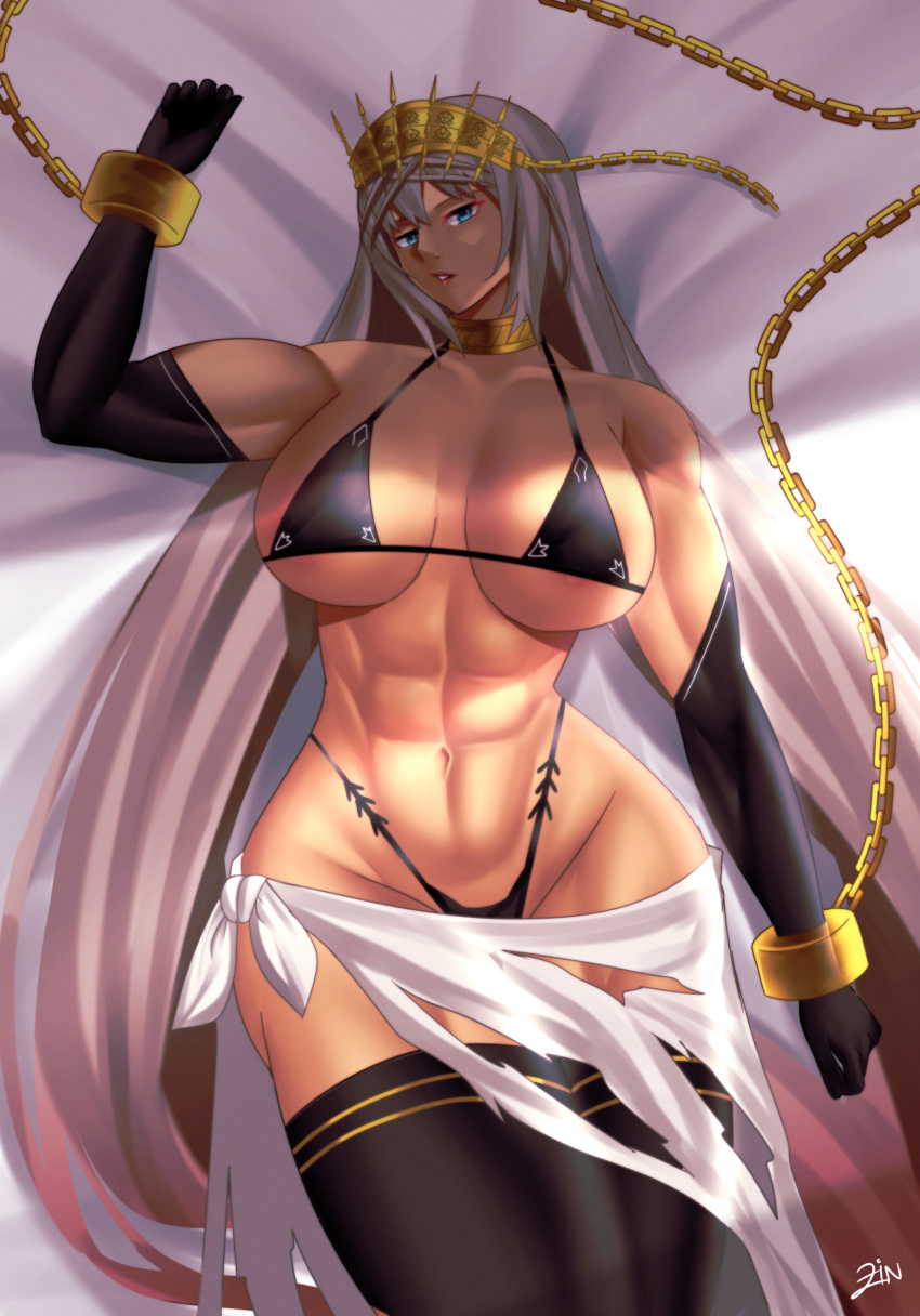 abs absurdres alternate_breast_size artist_name bikini black_bikini black_thighhighs blue_eyes breasts chain choker crown elbow_gloves fate/grand_order fate_(series) gloves grey_hair highleg highleg_bikini highres large_breasts long_hair looking_at_viewer lying multicolored_hair muscular muscular_female on_back shaded_face shadow signature swimsuit tan thighhighs thighs two-tone_hair very_long_hair zenobia_(fate) zinfian