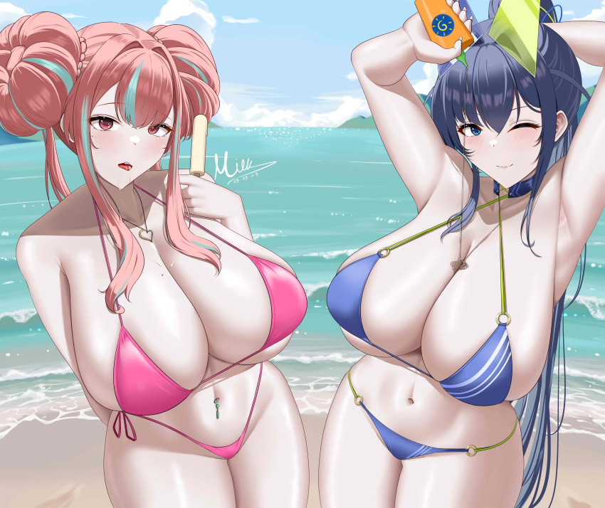 2girls ;) absurdres arm_behind_back armpits arms_up azur_lane bare_shoulders beach bikini blue_bikini blue_choker blue_eyes blue_hair blue_sky braid braided_bun breasts bremerton_(azur_lane) choker cleavage closed_mouth cloud collarbone commentary cowboy_shot criss-cross_halter day double_bun food grey_hair groin hair_between_eyes hair_bun hair_intakes halterneck heart heart_necklace highleg highleg_bikini highres holding holding_food holding_popsicle jewelry large_breasts light_blush long_hair looking_at_viewer lotion melting milkman29 mole mole_on_breast mole_under_eye multicolored_hair multiple_girls navel navel_piercing necklace new_jersey_(azur_lane) new_jersey_(midsummer_leisure)_(azur_lane) o-ring o-ring_bikini ocean official_alternate_costume official_alternate_hairstyle one_eye_closed open_mouth outdoors piercing pink_bikini pink_eyes pink_hair ponytail popsicle pouring pouring_onto_self side-tie_bikini_bottom sidelocks signature sky smile standing stomach streaked_hair sunscreen swimsuit teeth tongue tongue_out two-tone_hair upper_teeth_only very_long_hair