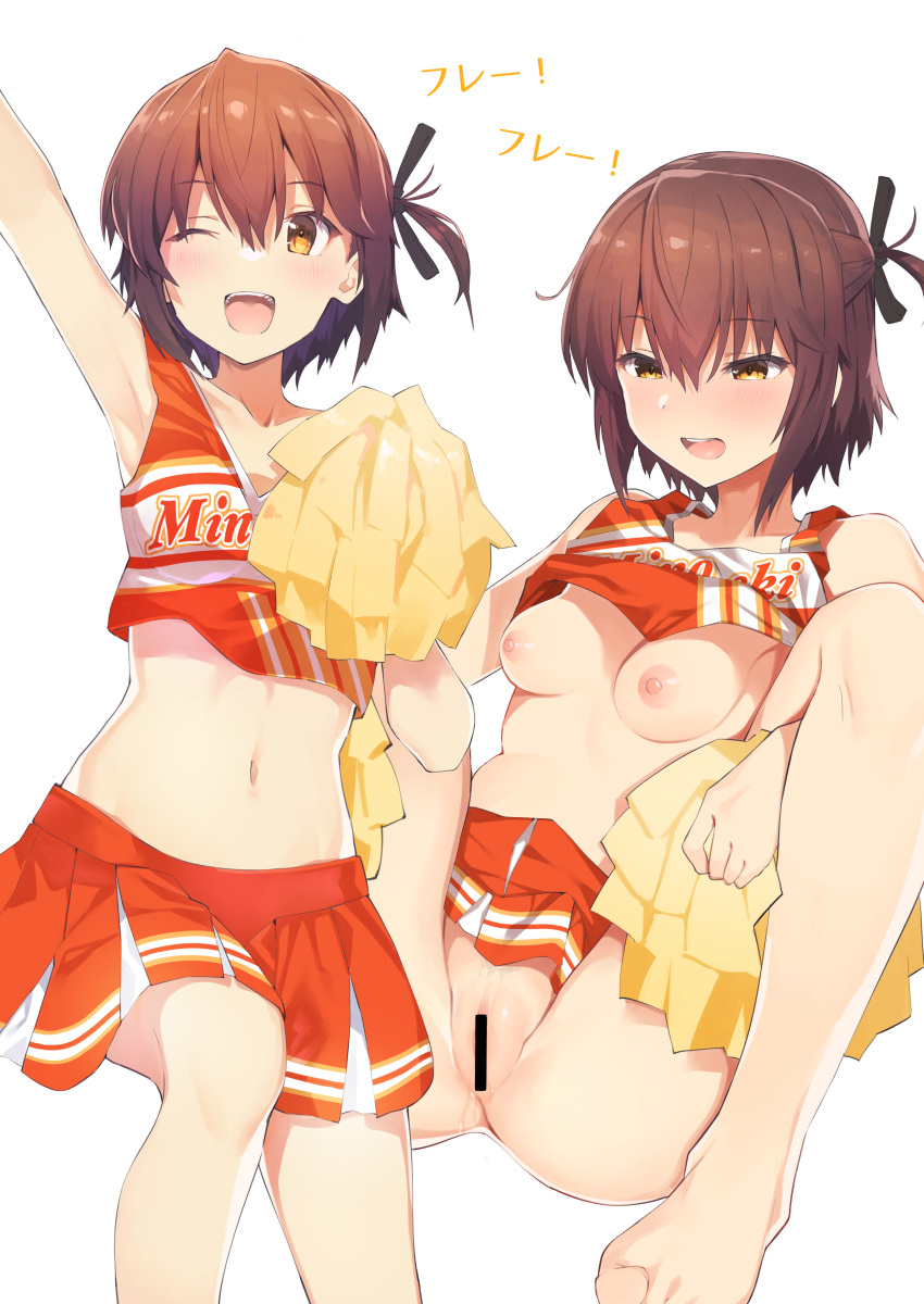 1girl absurdres bar_censor barefoot black_ribbon blush breasts brown_hair censored cheerleader collarbone etou_kanami hair_between_eyes hair_ribbon half-closed_eyes hetero highres hitoiki m_legs medium_breasts navel nipples one_eye_closed open_mouth pom_pom_(cheerleading) pussy ribbon short_hair sidelocks stomach teeth toji_no_miko upper_teeth_only white_background yellow_eyes